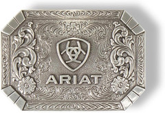 ARIAT Rectangle Buckle with Western Floral Engraving and Emblem, Antique Silver