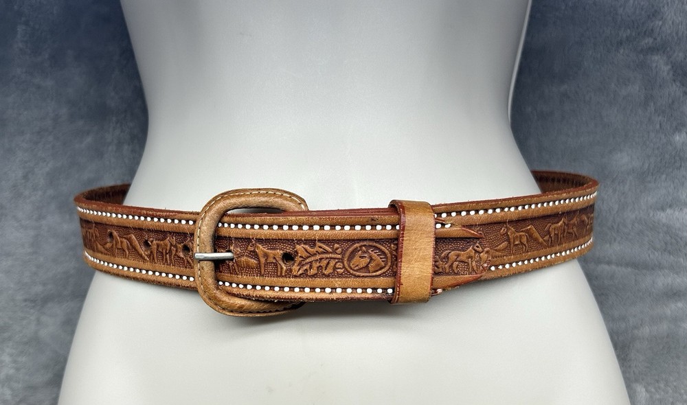 Vintage Brown Tooled Leather Belt Western Cowgirl Size 28