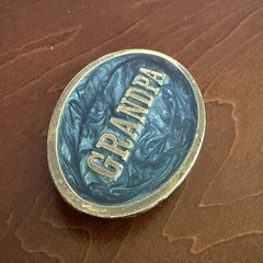 Vintage 1980s Brass Grandpa Oval Blue Teal Enamel Belt Buckle USA
