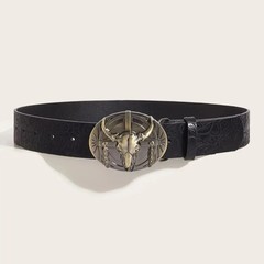 Western Cow Head Buckle Belt – Peony Pattern PU Leather Casual Belt/ COWBOY/