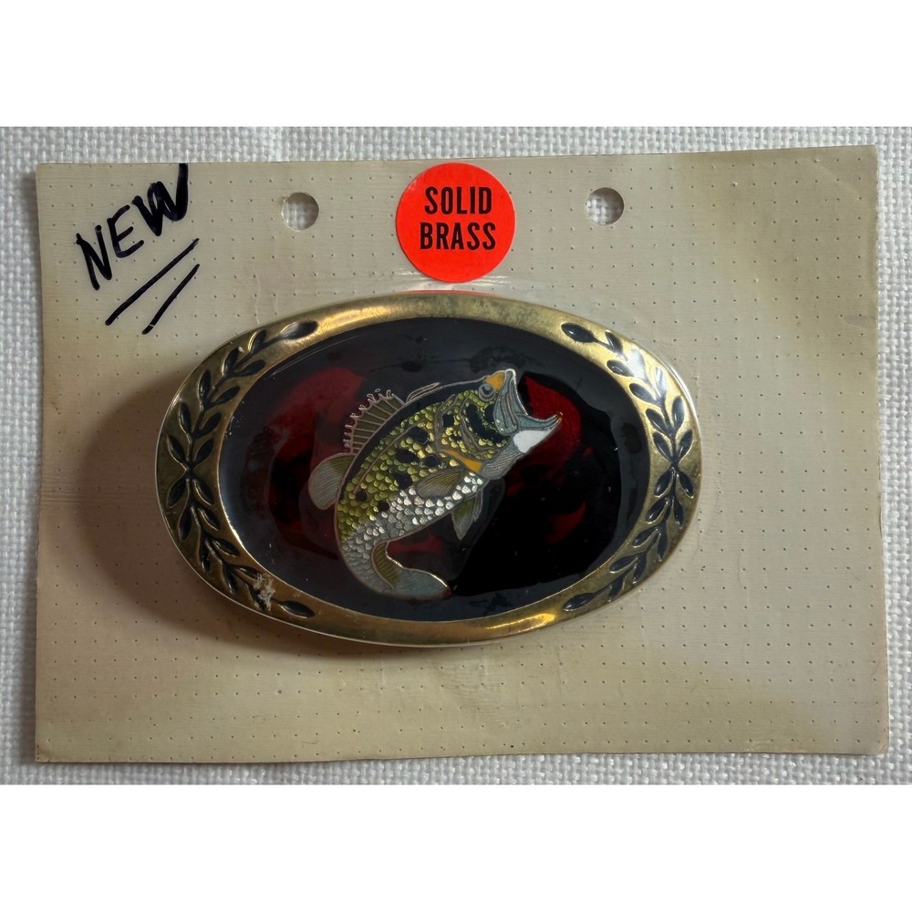Vintage Solid Brass Largemouth Bass Fishing Belt Buckle Cloisonne Enamel Oval