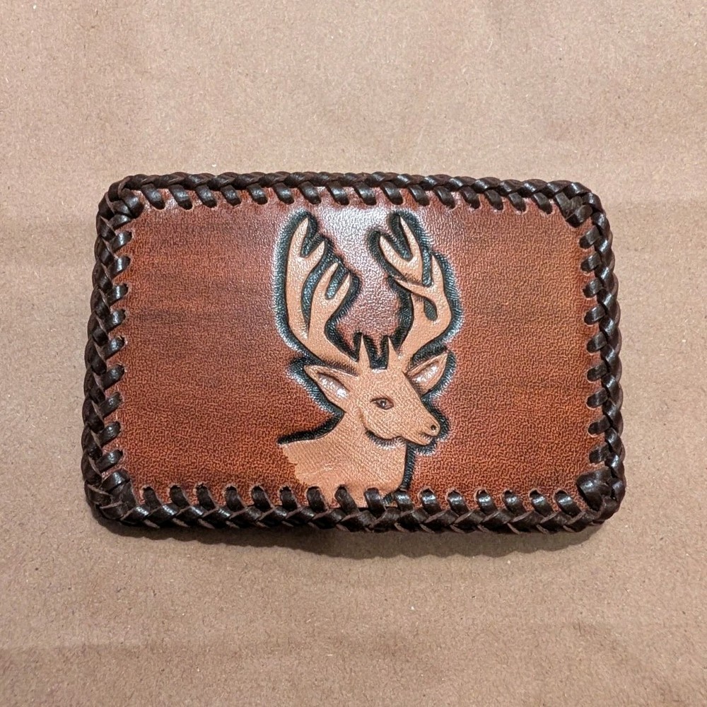 Brown Leather Deer Head Western Hunting Frame Belt Buckle, Metal, Fits 1.5 in