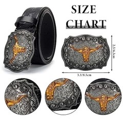 Mens-Western-Cowboy-Belt – Longhorn-Bull-Pattern Fit Waist 31-34 in Black