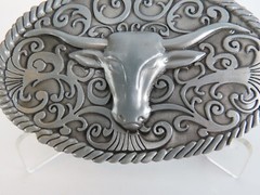 New Steer Long Horn Belt Buckle Cowboy Ornate Rodeo in Package Pewter Tone