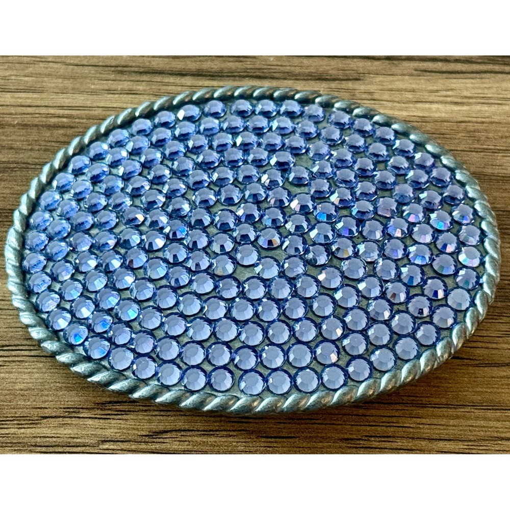 Vintage Blue Purple Rhinestone Belt Buckle Signed Unknown Maker Made USA Western