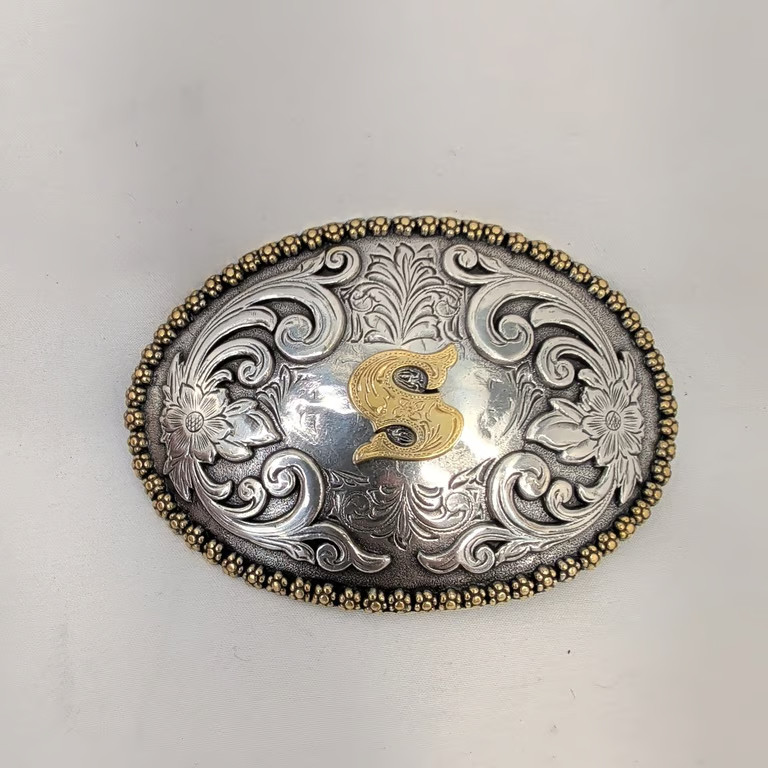 Nocona Initial S Belt Buckle Western Cowboy Two Tone Silver Gold Floral Oval