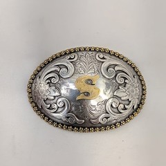 Nocona Initial S Belt Buckle Western Cowboy Two Tone Silver Gold Floral Oval