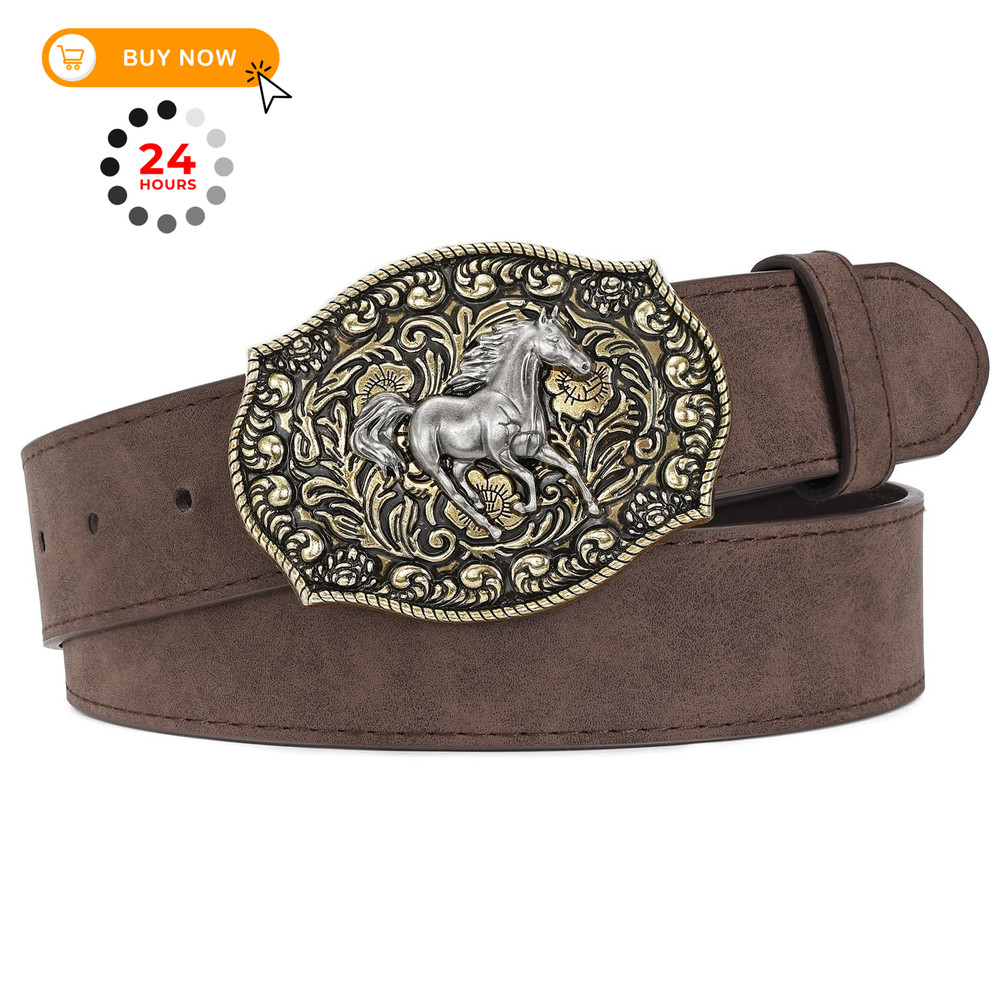 SANSTHS Cowboy Belts for Men Women 35&Prime;-38&Prime; Waist Adjustable, Pu Coffee/Horse