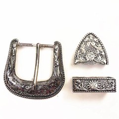 Western Belt Buckle Three Piece Set Antique Brass Floral Design Unisex 1 1/2&Prime; US