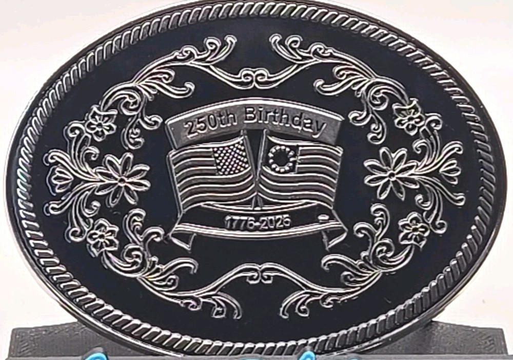 Commemorative USA 250th 1776-2026 Men&rsquo;s Silver Finish Blk Enamel 4×3 Belt Buckle