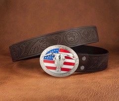 American Flag Longhorn Bull Skull Belt Buckle for Men Women, Vintage Western