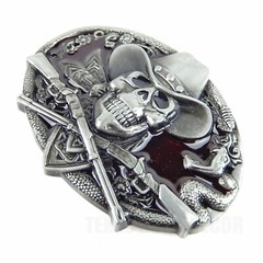 Dead Cowboy Belt Buckle Skull Guns Rattlesnake Red Enamel Inlay Fits 1.5&Prime; Belts