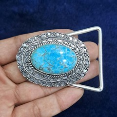 Natural Turquoise Silver Plated Belt Buckle Handmade Blue Gemstone Western Boho