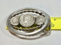 Pewter? Coin Belt Buckle – Made with 2 Jefferson Nickels & 1 Kennedy Half Dollar