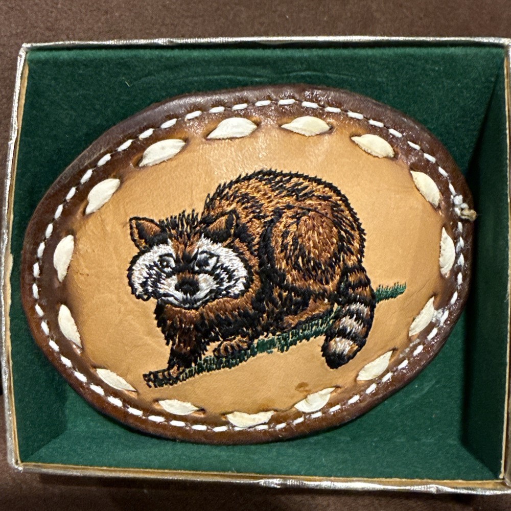 Vintage Hand Tooled Belt Buckle Racoon leather handcrafted Western Cowboy