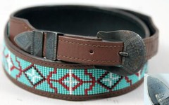 UNCLE SAM W Sterling Silver Buckle Navajo Native Turquoise Beaded Leather BELT