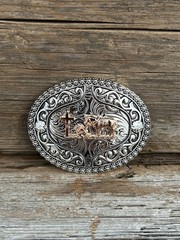 Gold Praying Cowboy Design Silver Oval Western Belt Buckle