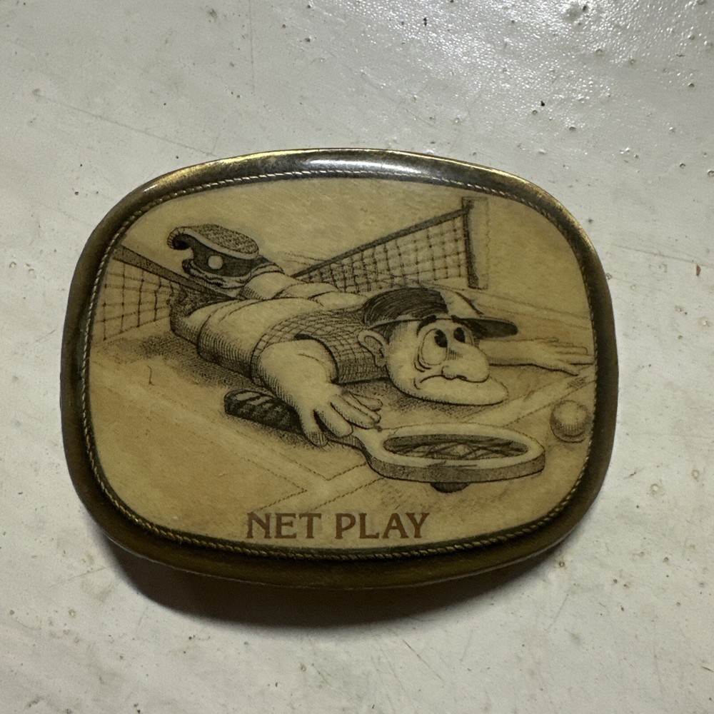 VINTAGE ANTIQUE METAL BELT BUCKLE- Playing Tennis Sport Net Play Cartoon Man Dad
