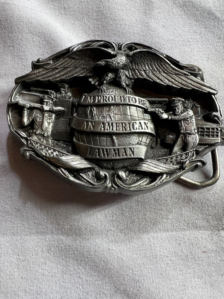 PROUD TO BE AN AMERICAN LAWMAN BELT BUCKLE VINTAGE 1985 AWESOME DETAIL ON BUCKLE