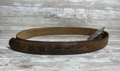 Justin Belt Mens Brown Leather Silver Tone Buckle Floral Scroll Western Cowboy