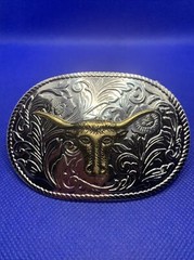 Silver And Gold Toned Longhorn Steer Cattle Belt Buckle Cowboy Cowgirl
