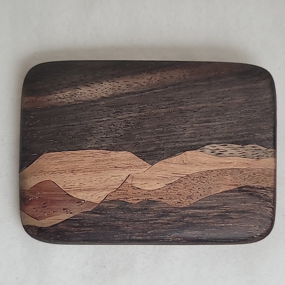 Terry L Evans Signed Inlaid Wood & Brass Belt Buckle Mountain Lanscape Scene VTG