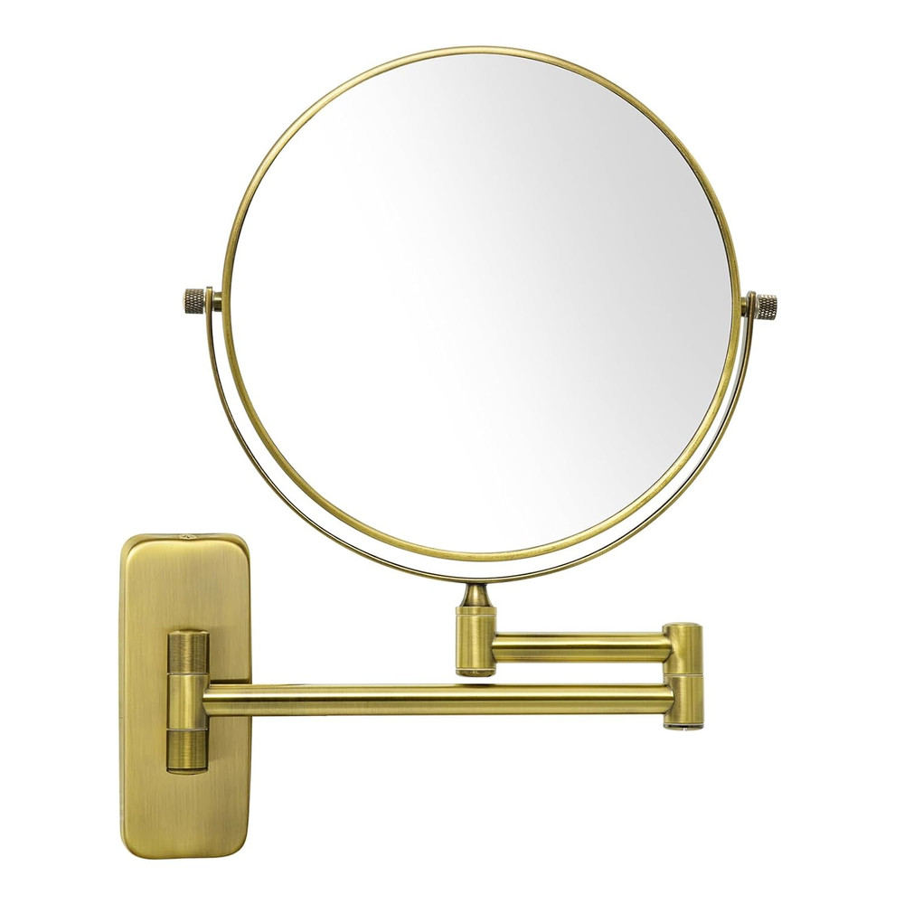 8-Inch Double-Sided Wall Mount Makeup Mirror with 7X Magnification in Brass