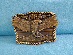 Vintage Golden Eagles NRA Belt Buckle 3D Eagle Rope Edging National Rifle Assoc