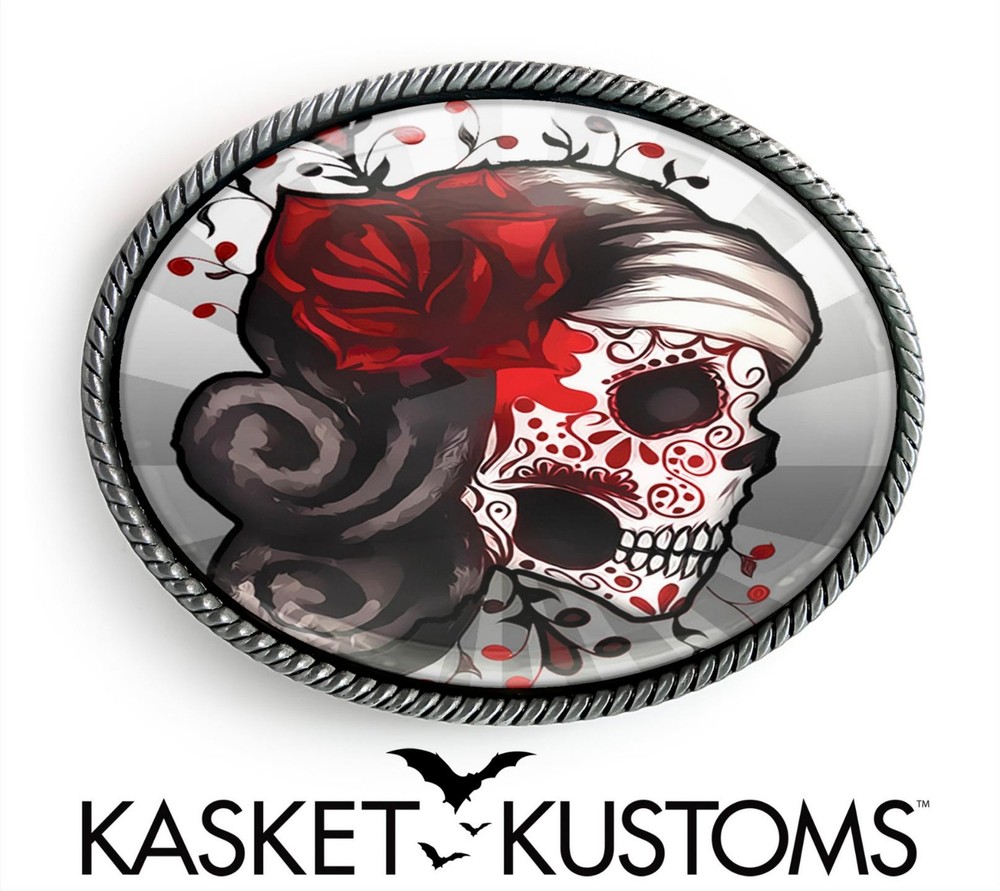 Sugar Skull Tattoo Belt Buckle – Day of the Dead Silver Oval Buckle – 73-2-SO
