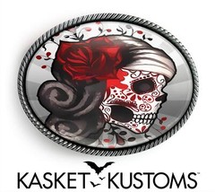 Sugar Skull Tattoo Belt Buckle – Day of the Dead Silver Oval Buckle – 73-2-SO