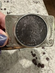 Vtg Nickel Silver 1883 Morgan Dollar Leather Belt And Buckle 395 Long G2U