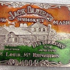 Vintage Belt Buckle Jack Daniel’s Whiskey Enamel Silver Tone Worlds Fair