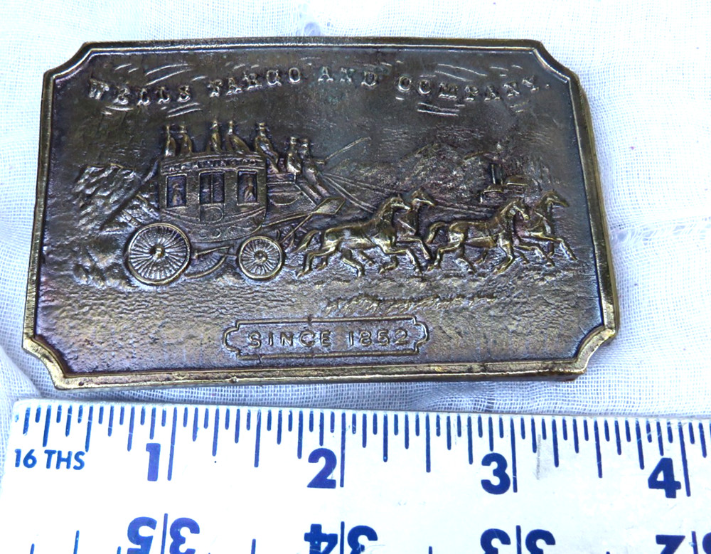 Vintage Solid Brass Western Belt Buckle Wells Fargo and Company 3 1/2&Prime; x 2 1/2&Prime;