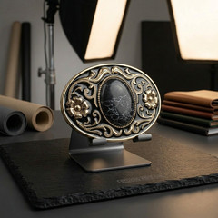 Western Belt Buckle Black Faux Oval Marble Stone Gold Floral Accents Enamel