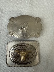 2 Lot Silver Tone Horse, Long Horn, Southwestern Mixed Metal Belt Buckles