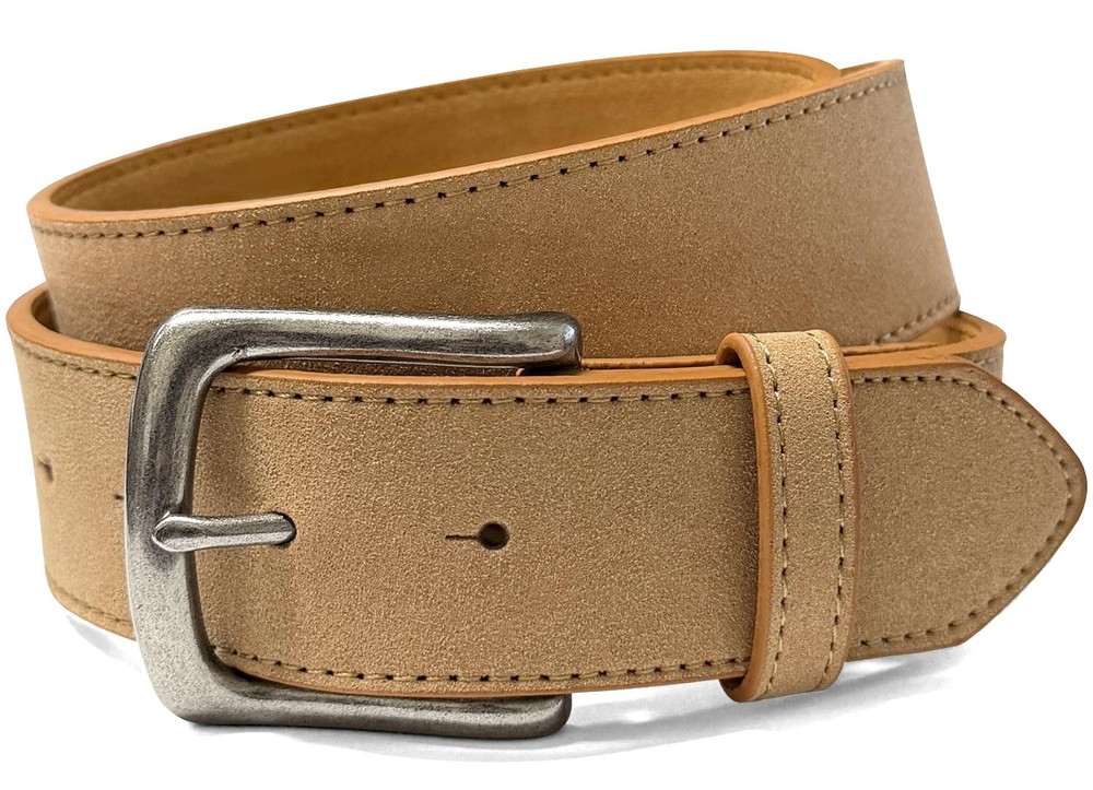 Men&rsquo;s Belt Rounded Edge Heel Bar Buckle Casual Jean Suede Leather 36, Taupe