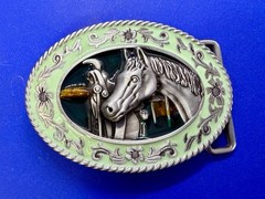 Horse Head and Saddle Enamel Rodeo Cowboys Cowgirls Dimensional Belt Buckle