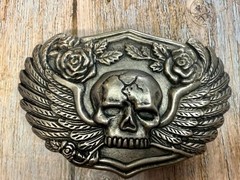 Skull with Wings Roses Halloween Gothic Punk Biker Vibe Silver Tone Belt Buckle
