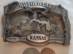 Vintage 1987 Metal Belt Buckle, Milford Lake, Kansas, Nice Western Design