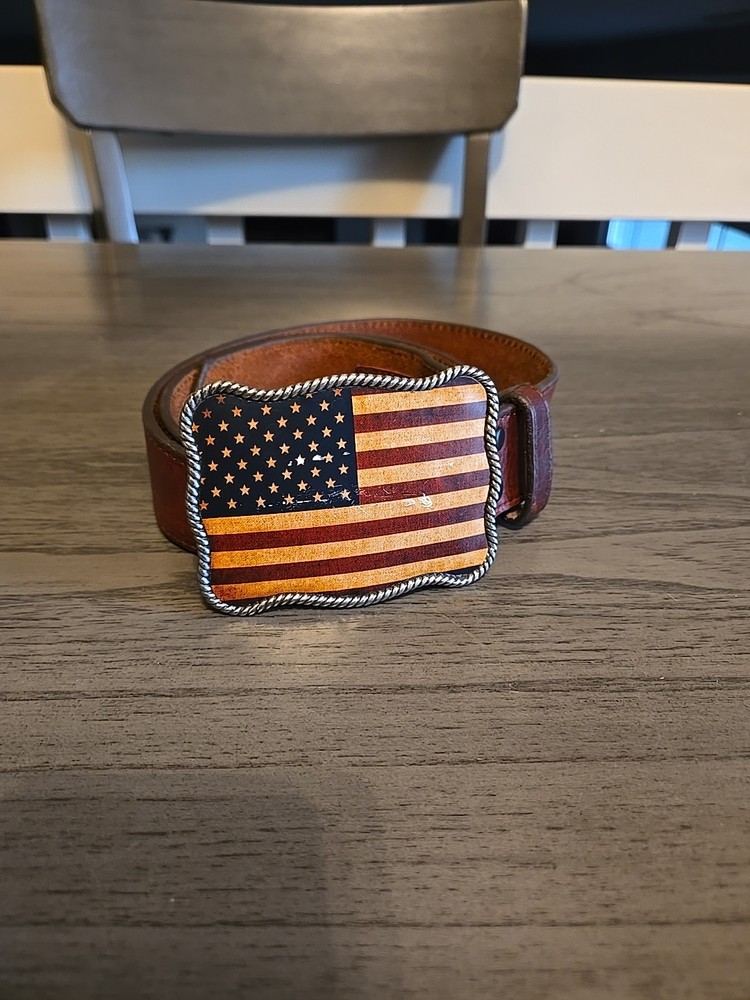 Mens Buckle USA Star Flag Leather Belt