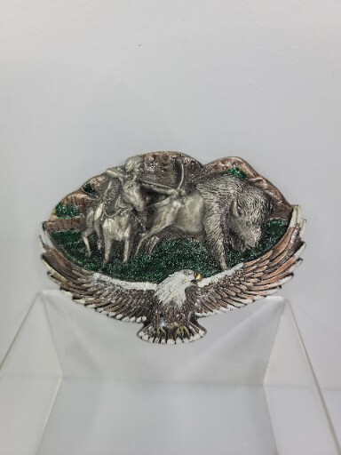 Great American Buckle Co. Pewter 1992 VTG Eagle Indian Buffalo Horse ENAMEL (A1)