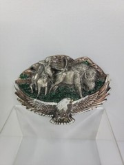 Great American Buckle Co. Pewter 1992 VTG Eagle Indian Buffalo Horse ENAMEL (A1)