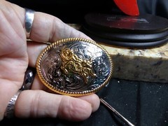 Men&rsquo;s Belt Buckle Silver & Gold Tone, Cowboy on a Bull in Gold Tone, Fits 1 1/4