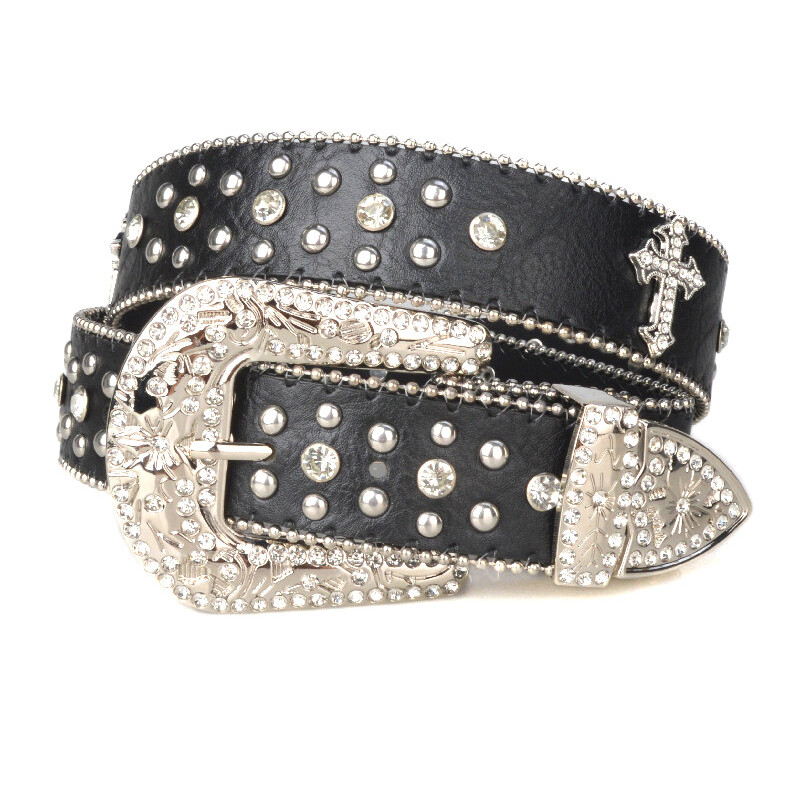 Black Cross Belt Rhinestone Belt Hip Hop Jeans Punk Western Cowboy Cowgirl Belts