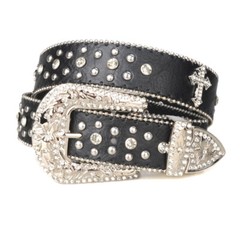 Women&rsquo;s Black Cross Rhinestone Western Motorcycle Bling Leather Belt