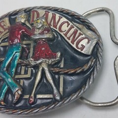 VTG 1986 Pewter & Enamel SQUARE DANCING Western C & J Belt Buckle 3&Prime; x 2 1/4&Prime;