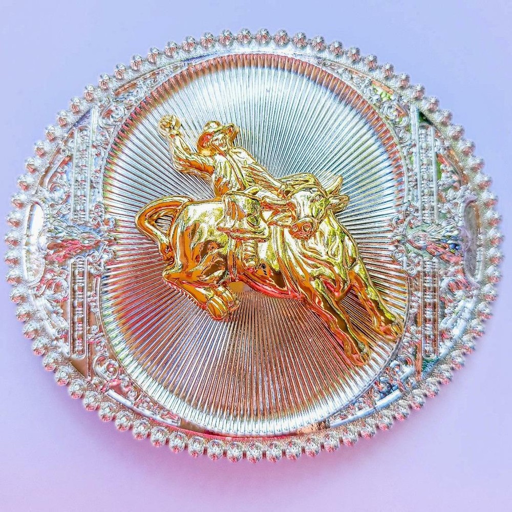 BULL RIDE RODEO ANIMAL ROUND RODEO BIG COWBOY WESTERN SHINE BELT BUCKLE