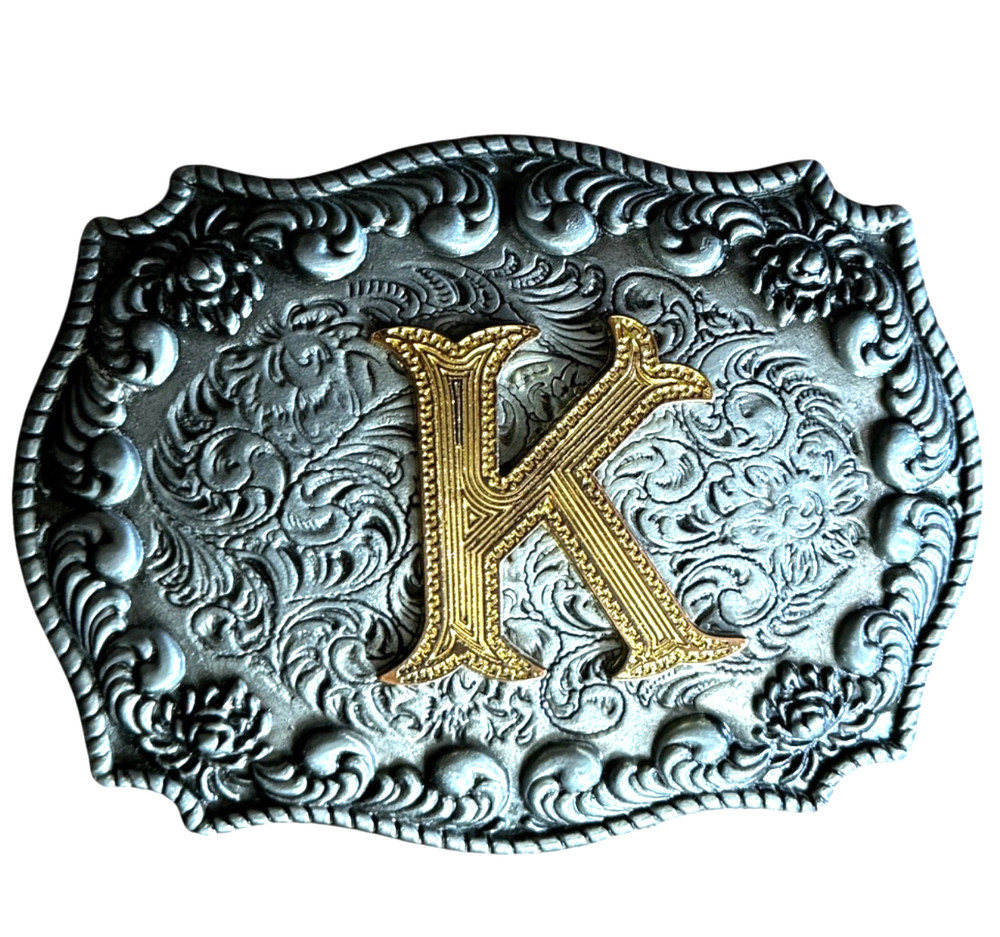Vintage WMG Western Belt Buckle Initial K Cowboy Rodeo Floral Scroll Rope Edge