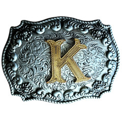 Vintage WMG Western Belt Buckle Initial K Cowboy Rodeo Floral Scroll Rope Edge