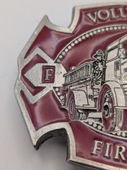 Vintage 1979 Volunteer Fireman Belt Buckle Pewter Red Enamel Engine 17